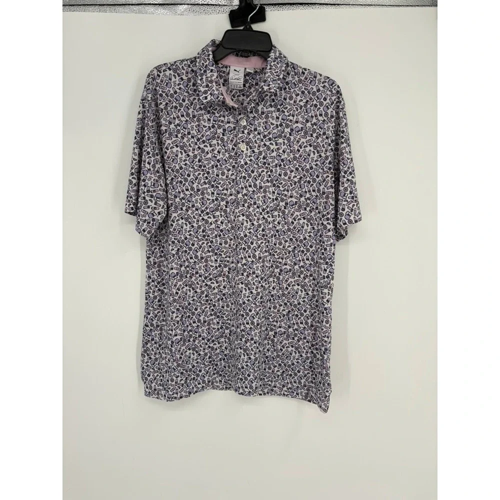Puma Golf Polo Mens Large Purple Arnold Palmer Iced Tea Lemonade‎ Print Shirt